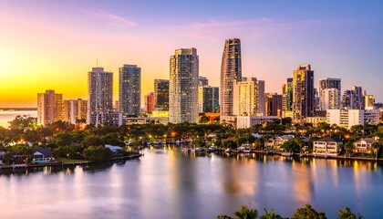 Obraz premium City skyline at sunrise over calm water