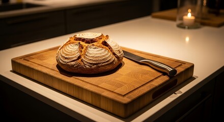 Round artisan bread on wooden cutting board with knife