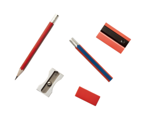 A top down view of a collection of traditional office, business and back to school stationery, equipment for work and education isolated against a transparent background