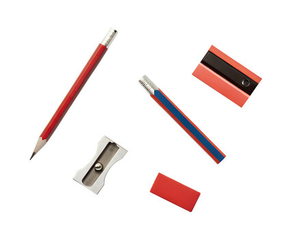 A top down view of a collection of traditional office, business and back to school stationery, equipment for work and education isolated against a transparent background - Powered by Adobe