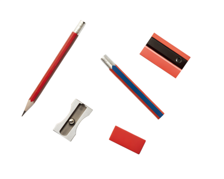 A top down view of a collection of traditional office, business and back to school stationery, equipment for work and education isolated against a transparent background