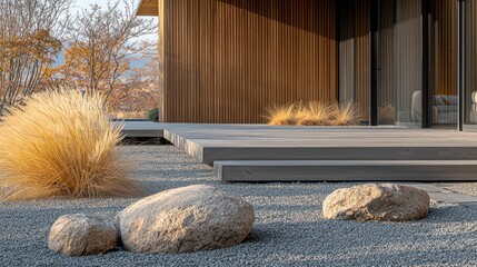 Modern home exterior with a zen garden