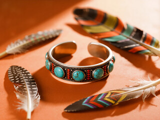 A vibrant silver-toned bangle featuring multiple turquoise stones and red geometric inlays, artistically arranged on an orange background surrounded by colorful decorative feathers and natural element