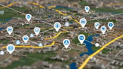 3D city map illustration showcasing various location markers and connections among landmarks - Powered by Adobe