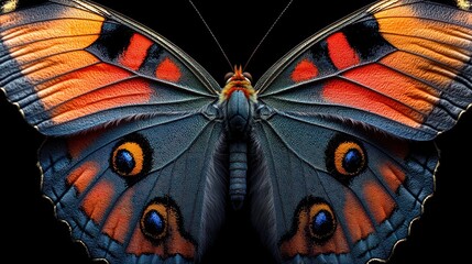 Detailed close-up of a butterfly's wings, showcasing vibrant colors and intricate patterns