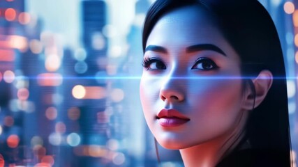 Woman profile with digital data overlay against blurred cityscape lights, technology concept. - Powered by Adobe