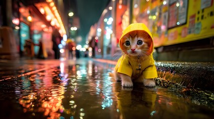 Tiny Kitten Wearing Rain Jacket in Colorful Urban Street