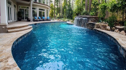 Luxury swimming pool with waterfall feature.  Exterior backyard oasis