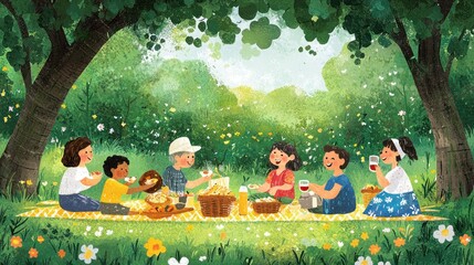 Picnic under trees.  Family enjoying a meal