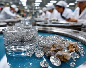 Raw and cut diamonds are displayed in a lab as workers in the background shape them with precision and care.