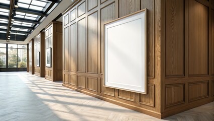 Fototapeta premium Poster frame in softly lit wood-paneled room?clean, professional, and gallery-ready