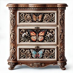 Ornate wooden cabinet with carved butterfly designs on drawers in a decorative home style.