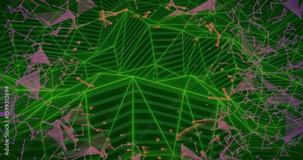 Poster starting mesh pulsing, pink clusters drifting in, merging, retracting, visualizing network dynamics