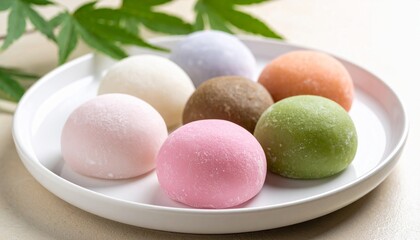 Multi colored Japanese cakes Mochi in a white plate 