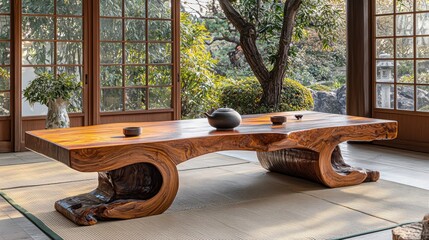 Rustic, wooden dining table in a traditional Japanese-style room