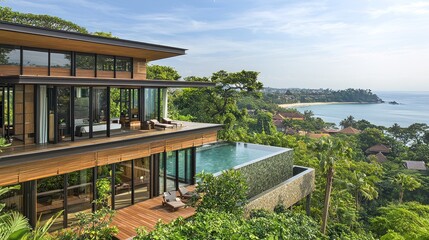 Luxurious hillside villa overlooking a tropical beach