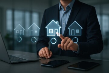 Businessman reviews real estate documents on laptop, Online property management, Digital housing contract, investment planning, Smart organization of real estate transactions using modern tools.