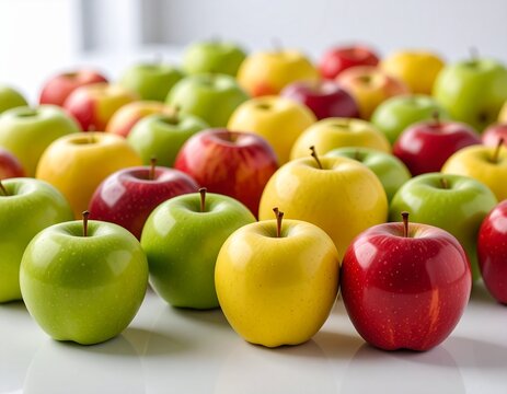 Professional commercial photograph of a cluster of assorted apples (red, green, yellow), artfully arranged on a pristine, bright white infinity background. Emphasize natural, appealing colors and shar