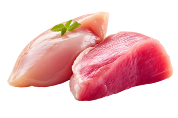 Raw chicken breast fillet and tuna steak fillet isolated on transparent background