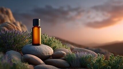 Obraz premium Amber glass bottle of essential oil on a collection of rocks at sunset.