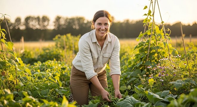 Smiling woman harvesting fresh beans in a garden at sunset
