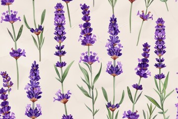 Naklejka premium Vibrant lavender floral pattern showcasing elegant botanical blooms in seamless design ideal for backgrounds, textile prints, product packaging, and calming decorative applications