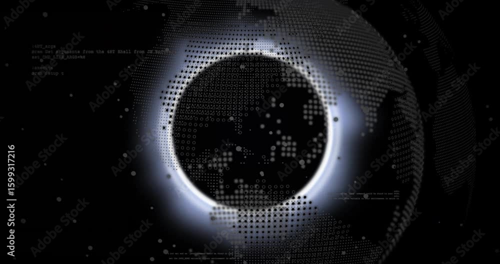 Poster on outline flicker, glowing ring pulses as dot matrix globe rotates and sharpens visualizing data
