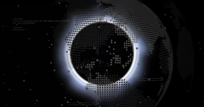 On outline flicker, glowing ring pulses as dot matrix globe rotates and sharpens visualizing data