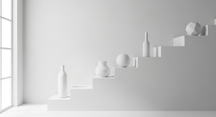 A minimalist interior design white geometric shapes vases arranged on ascending
