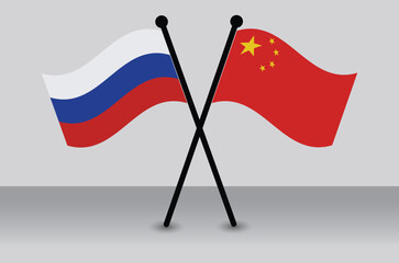 Crossed Flags of Russia and China Depicting International Relations.
