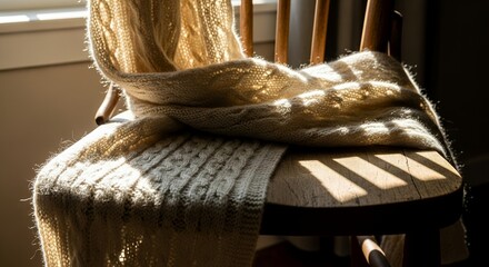 Sunlight illuminating a knitted wool throw draped over a wooden chair