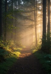 Fototapeta premium Sunlit Forest Path With Misty Fog