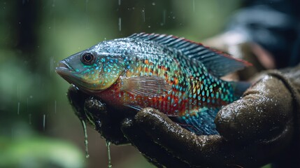 A vibrant, colorful fish being held in gloved hands during a rain shower, showcasing nature's beauty and human interaction with wildlife.
