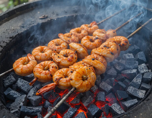 Juicy shrimp skewers cooking on a hot charcoal grill with smoke rising.
