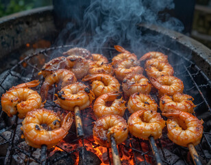 Juicy shrimp skewers cooking on a hot charcoal grill with smoke rising.