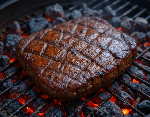 Juicy beef steak grilling on a charcoal barbecue with glowing red coals.