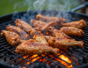 Seasoned chicken wings grilling over open charcoal fire during backyard BBQ.