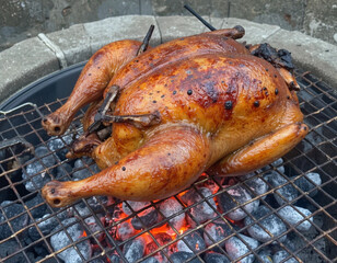 Whole chicken roasting on metal grill over hot burning charcoal.