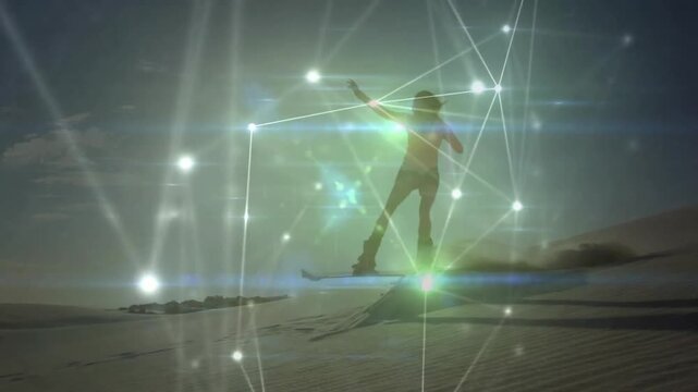 Woman shifting weight to start sandboarding down dune within glowing network overlay showing tech