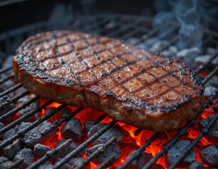 Juicy beef steak grilling on a charcoal barbecue with glowing red coals.