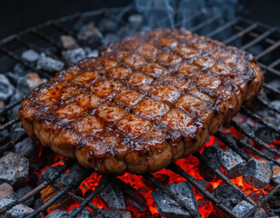 Juicy beef steak grilling on a charcoal barbecue with glowing red coals.