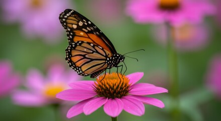 Obraz premium Monarch Butterfly on Pink Flower Closeup