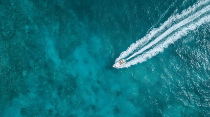 Obraz premium Aerial view of a boat moving through turquoise water leaving a white wake.