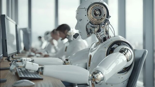 Futuristic Robot Working in Modern Office Environment with Humans with ai generated