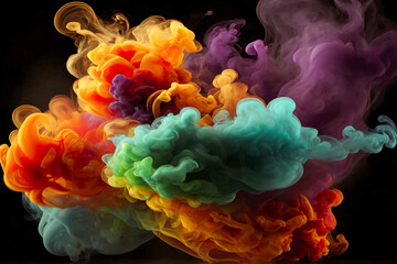 Obraz premium An abstract view of colorful smoke swirling in water, on a black background. The smoke blends seamlessly into a range of rich colors, including purple, white, green, red, orange and yellow.