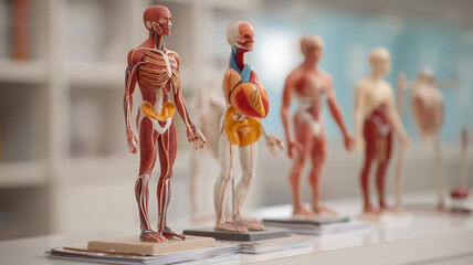 Realistic anatomical models displayed in educational setting, showcasing detailed human anatomy for learning purposes. models include muscular, skeletal, and organ systems, enhancing understanding