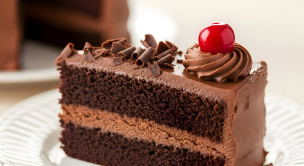 A slice of chocolate cake with cherry on top and chocolate shavings on a white plate close up view