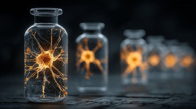 Series of glass vials containing glowing neuron like structures symbolize advanced biotechnology and neural research. image conveys innovation and scientific exploration