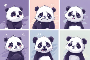 Naklejka premium Adorable Cartoon Pandas Expressing Various Emotions in Six Panels