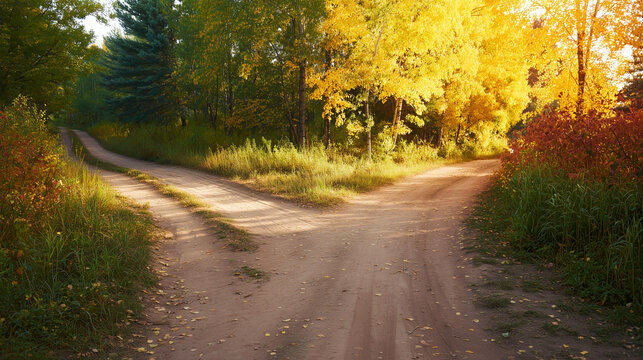 A forked path through a golden autumn forest, symbolizing life's choices under soft sunlight.